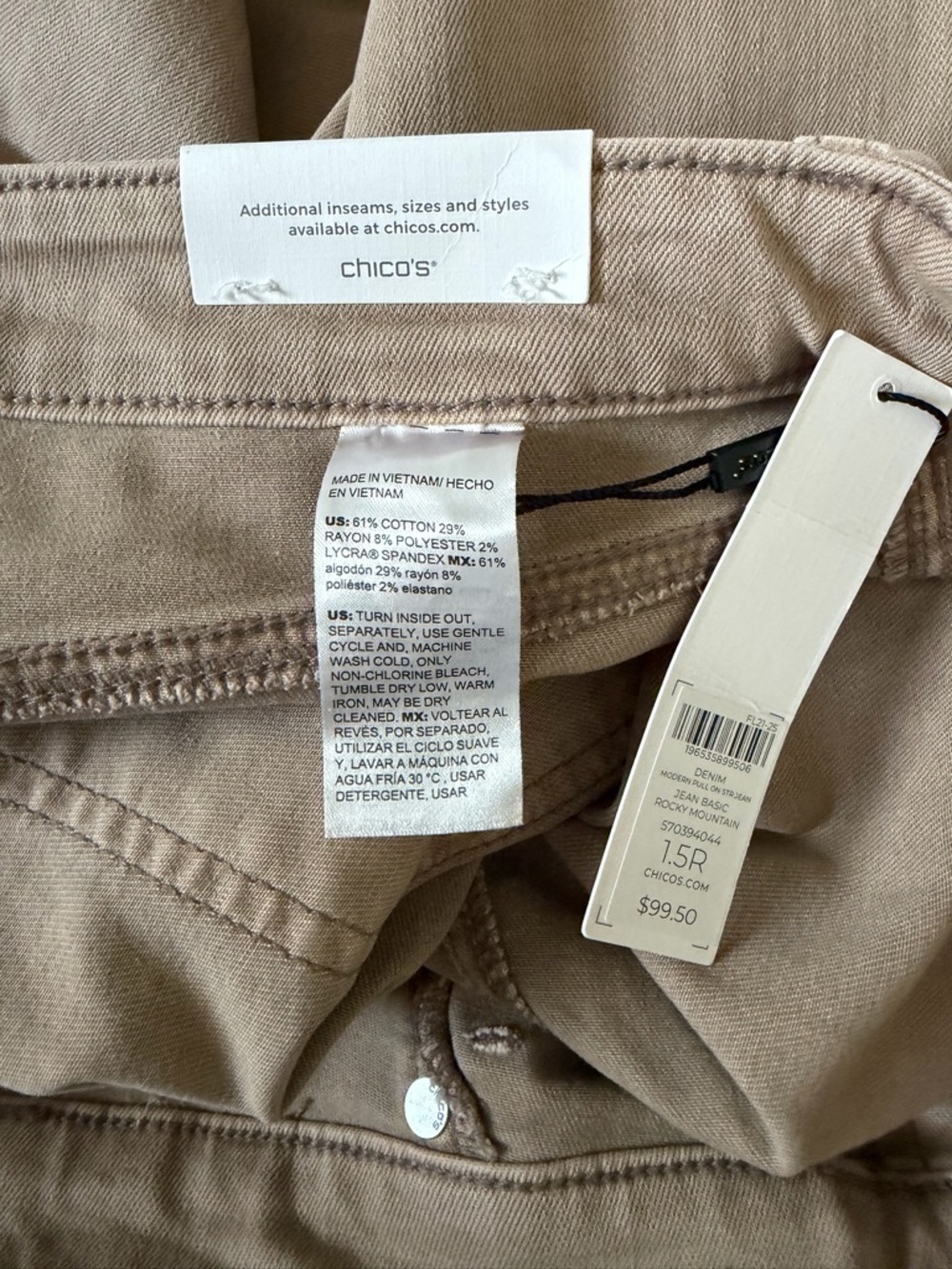 Chico’s Pull-On Straight Leg Jeans Size 10 Neutral Tan Stretch NWT Comfort Fit - Picture 4 of 5